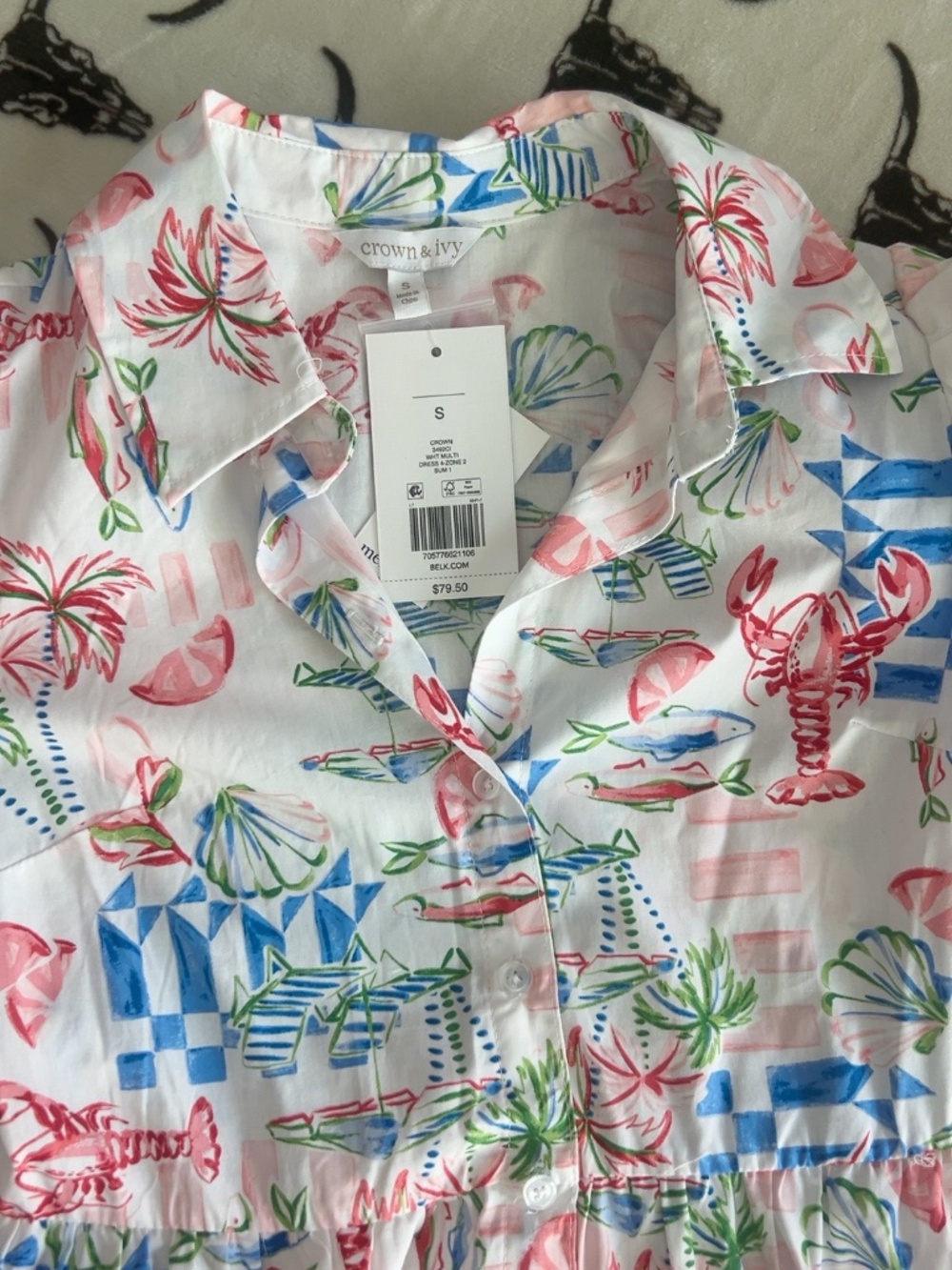 NWT Crown & Ivy Lobster Coastal Print Tiered Shirt Dress Size S - Picture 4 of 10